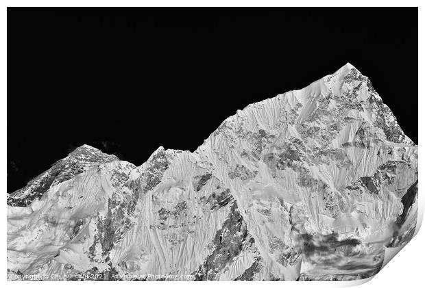 Mount Everest and Lhotse, two of the highest mountains in the world, of Himalayas in Nepal (black and white) Print by Chun Ju Wu