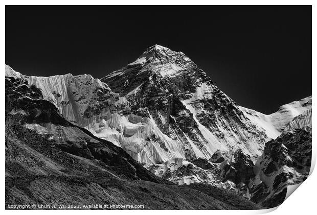 Mount Everest, the highest mountain in the world, of Himalayas in Nepal (black and white) Print by Chun Ju Wu