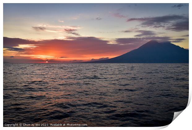 Sunset on the sea with a volcano in Indonesia Print by Chun Ju Wu