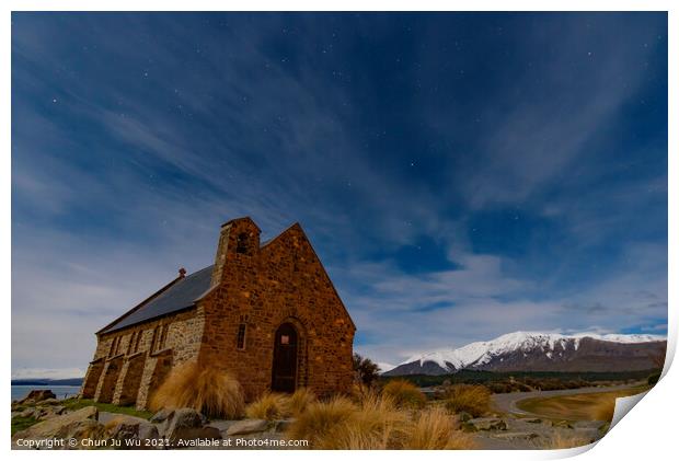 Church of the Good Shepherd at night in Lake Tekapo, South Island, New Zealand Print by Chun Ju Wu