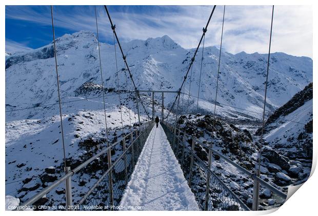 Walk on suspension bridge, Hooker Valley Track in winter, Mt Cook National Park, New Zealand Print by Chun Ju Wu