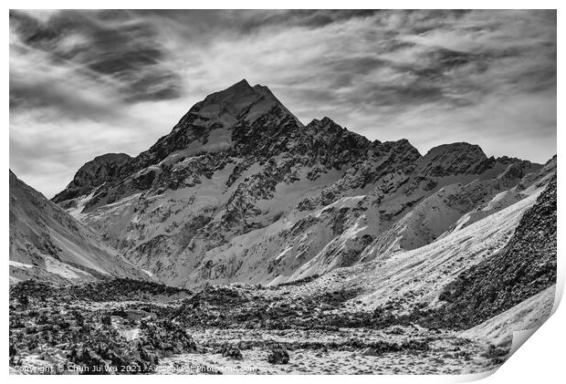 Mount Cook and Hooker Glacier, end of Hooker Valley Track, Mount Cook National Park, New Zealand (black and white) Print by Chun Ju Wu
