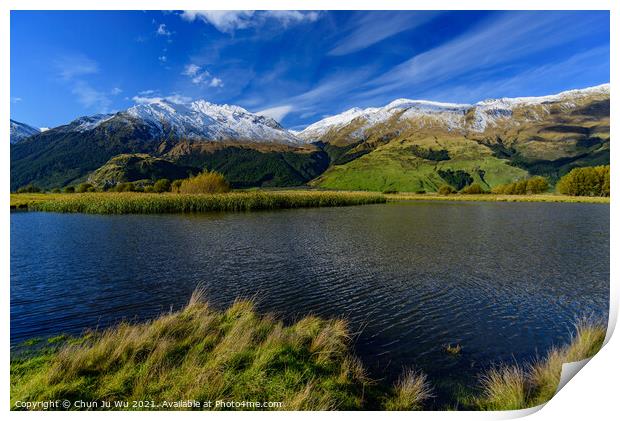 Lake with snow mountains in South Island, New Zealand Print by Chun Ju Wu