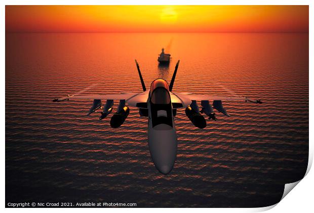 F/A-18 Super Hornet and aircraft carrier at sunset Print by Nic Croad