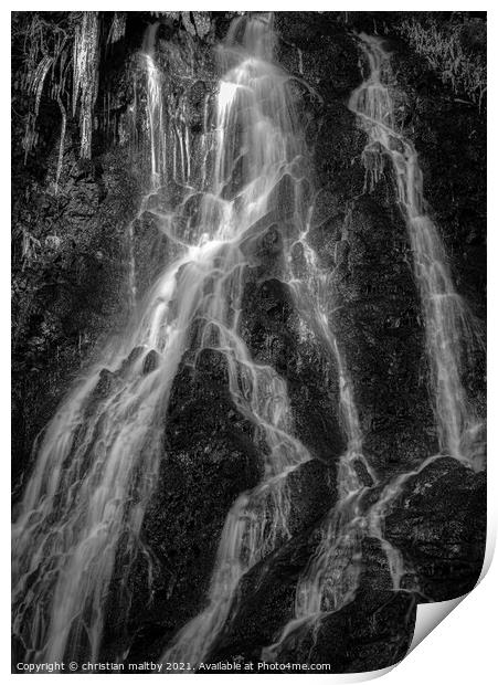 Icicles in a waterfall Print by christian maltby