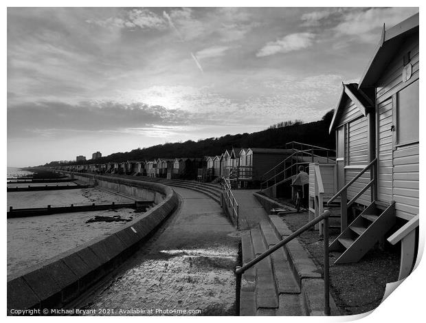 Beach huts frinton in black and white Print by Michael bryant Tiptopimage