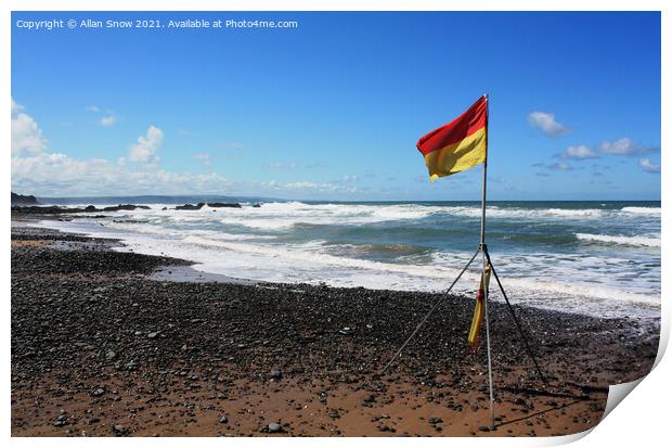 Lifeguard Flag on Sandymouth Beach, Bude, Cornwall Print by Allan Snow