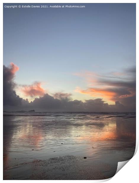 Sunset at Llangennith Beach ,Gower Penindular. Print by Estelle Davies