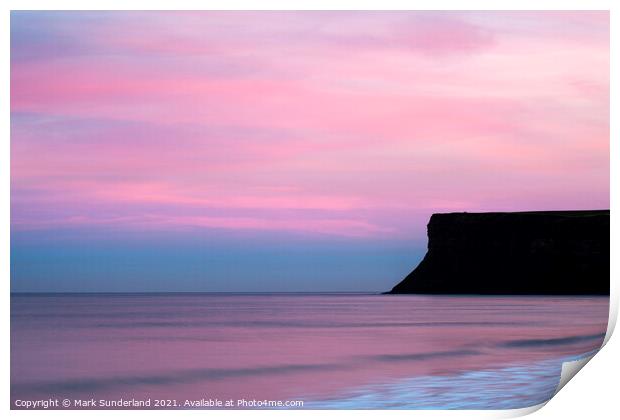 Pink Sky over Huntcliff at Saltburn Print by Mark Sunderland