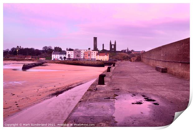 St Andrews Harbour and Cathedral at Dawn Print by Mark Sunderland