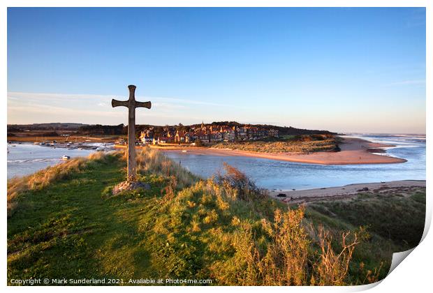 St Cuthberts Cross on Church Hill and Alnmouth at Sunset Print by Mark Sunderland