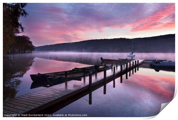 Jetty and Boats at Dawn Coniston Water Print by Mark Sunderland