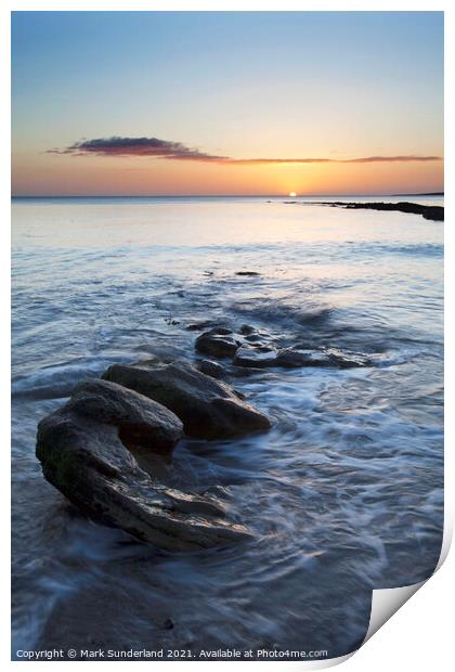 Rocks on the Shore at Sunrise Castle Sands St Andrews Print by Mark Sunderland