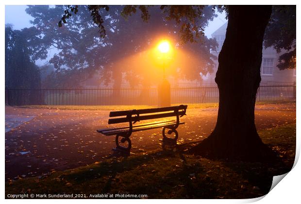 Park Bench under a Tree on a Misty Morning Print by Mark Sunderland