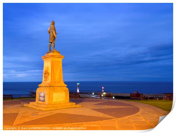 Captain Cook Statue at Whitby Print by Mark Sunderland