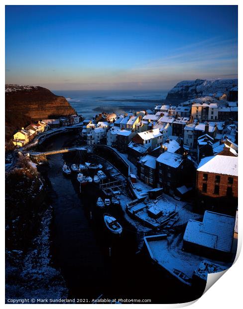 Snow Covered Rooftops at Staithes Print by Mark Sunderland