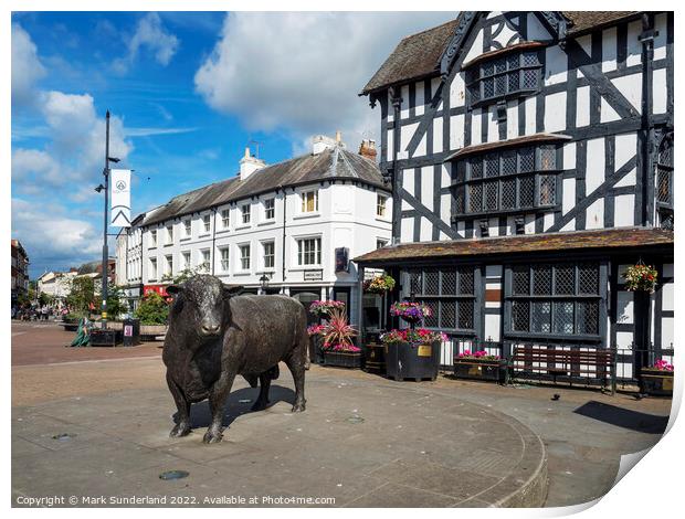Hereford Bull Statue and Black and White House Hereford Print by Mark Sunderland
