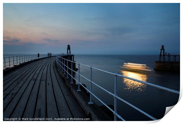 The Twilight Cruise Leaves the Harbour at Whitby Print by Mark Sunderland