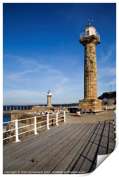 West and East Pier Lighthouses at Whitby Print by Mark Sunderland
