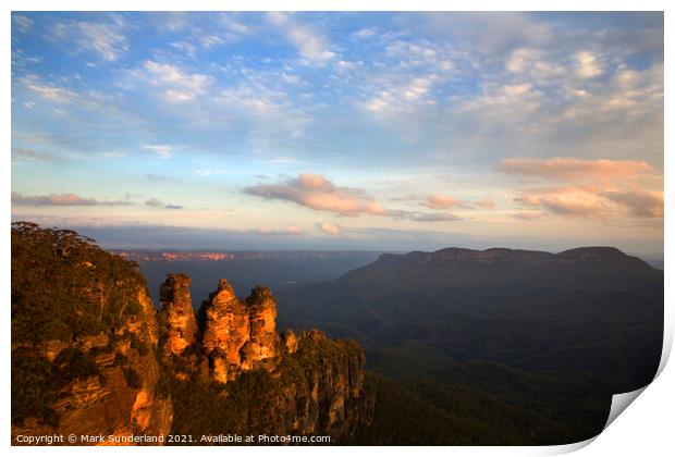 The Three Sisters in the Blue Mountains Print by Mark Sunderland