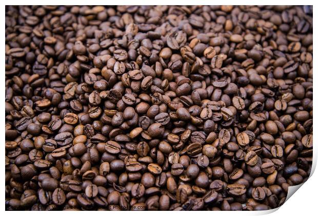 top view of fresh roasted coffee beans background. Background of roasted coffee beans	 Print by Emils Vanags