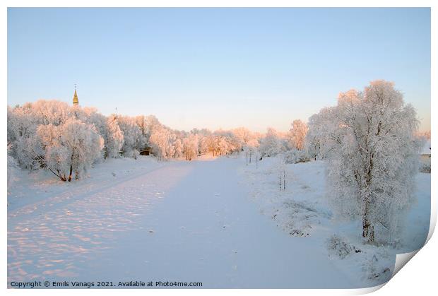 fields and forests, and a frozen river covered with snow by winter frost. empty countryside	 Print by Emils Vanags