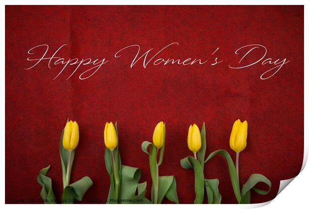 happy womens day text on yellow tulips on red background. greeting card concept. sensual tender women's image. spring flowers in soft morning sunlight flat lay Print by Emils Vanags