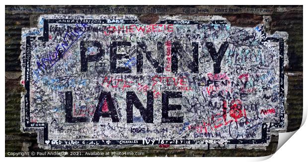 Penny Lane L18 old street sign Print by Paul Anderson