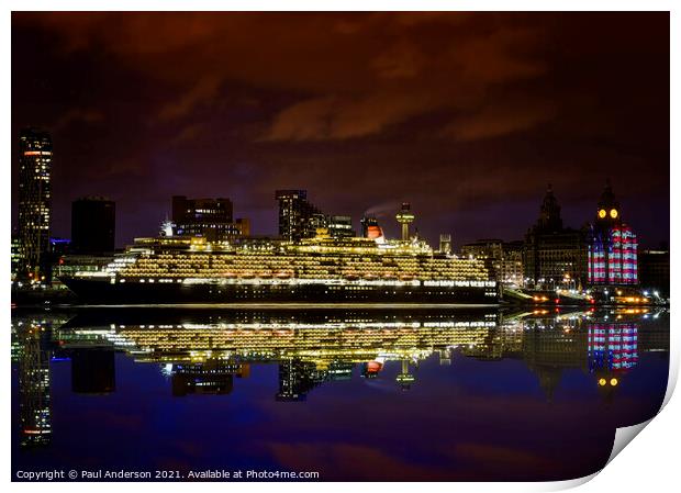 Queen Elizabeth at night, at Liverpool waterfront Print by Paul Anderson