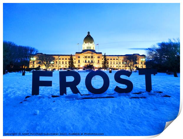 Saskatchewan Legislative building in Wascana Park, Regina, Canada during night , frost winter festival sign Print by Anish Punchayil Sukumaran