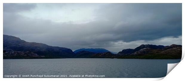 mountain cloudy sky and clam ocean Print by Anish Punchayil Sukumaran