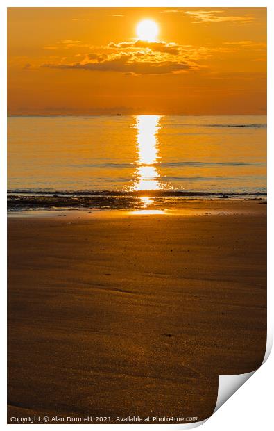 Sunrise and glitter on Embleton Beach, Northumbria Print by Alan Dunnett