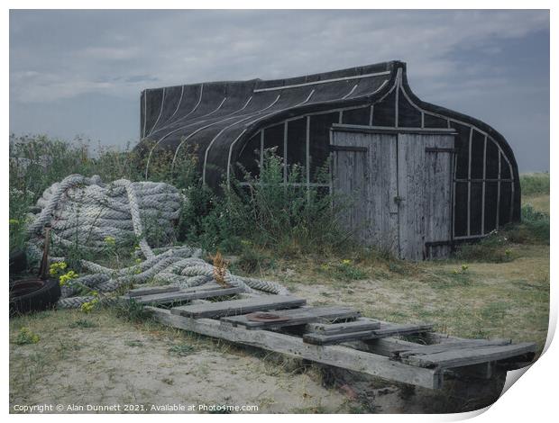 Holy Island Boat shed Print by Alan Dunnett