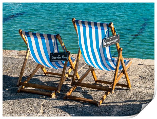 A pair of blue striped deckchairs with reserved signs, St. Ives harbour, Cornwall Print by Photimageon UK