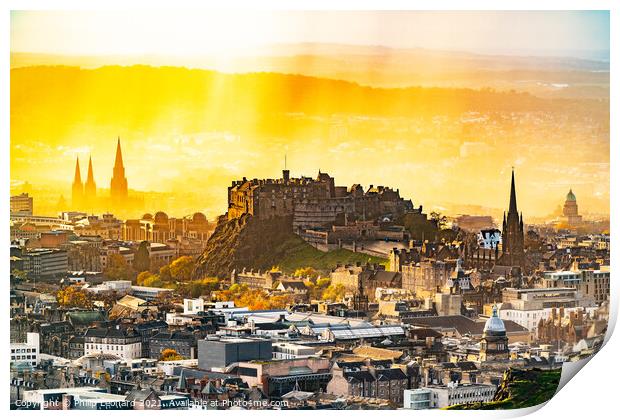 Edinburgh Castle and Rain Shower & Sunset in Edinburgh Scotland. Print by Philip Leonard