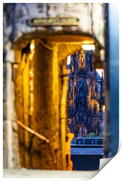 Scott Monument taken through Advocates Close. Print by Philip Leonard