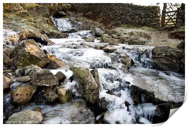 Frozen waterfall Angle Tarn Beck in Cumbria Print by Angela Lilley