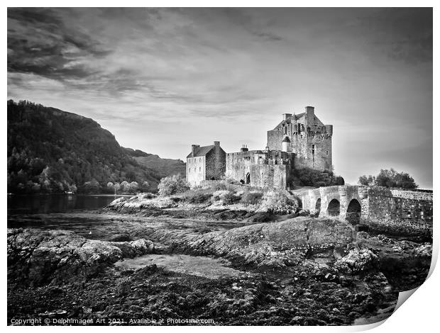 Eilean Donan castle, Scotland, Black and white Print by Delphimages Art