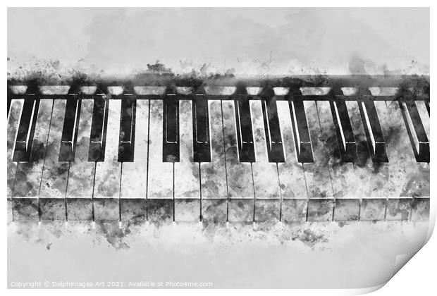 Piano keyboard black and white watercolor Print by Delphimages Art