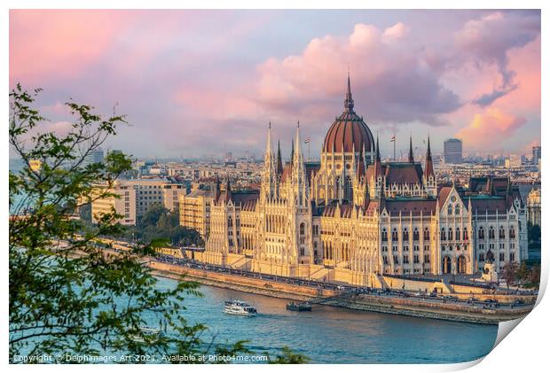 Budapest parliament and Danube river at sunset Print by Delphimages Art