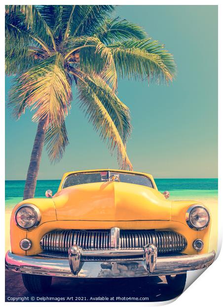 Classic car on a tropical beach with palm tree Print by Delphimages Art