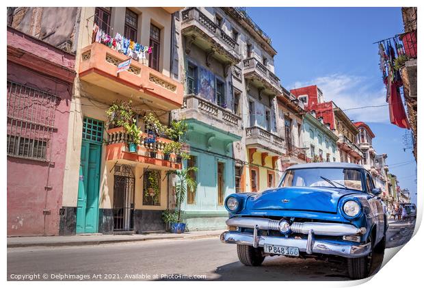 Havana, Cuba. Vintage blue classic car Print by Delphimages Art