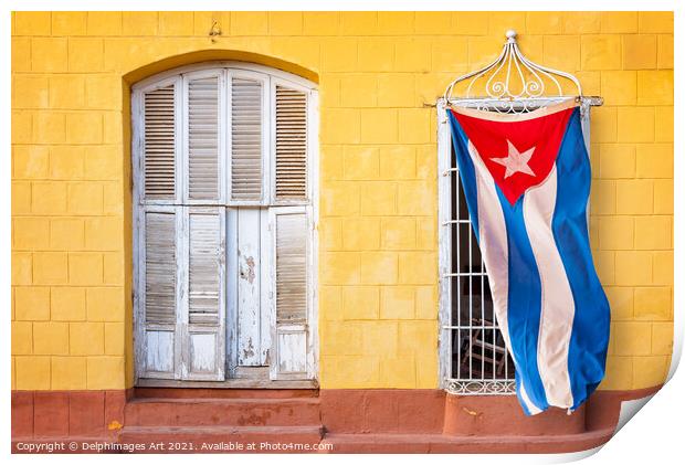 Cuban flag in in a street of Trinidad, Cuba Print by Delphimages Art