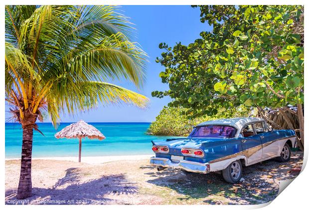 Cuba. Vintage classic car on a beach Print by Delphimages Art