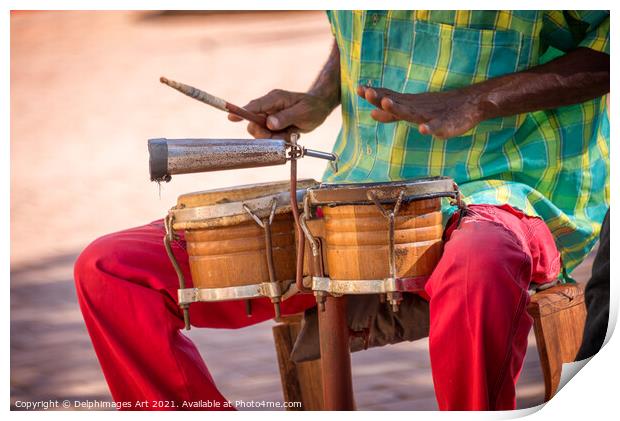 Cuba. Street musician playing drums in Trinidad Print by Delphimages Art