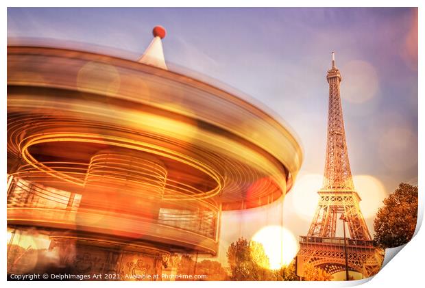 Eiffel tower, Paris and romantic vintage carousel Print by Delphimages Art