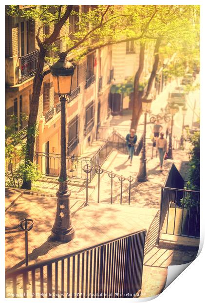 Montmartre staircase, golden light in Paris France Print by Delphimages Art