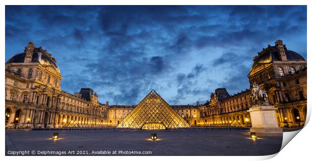 Louvre museum pyramid in Paris, panorama at night Print by Delphimages Art