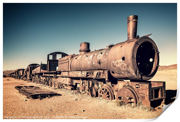 Old rusty train cemetery in Uyuni, Bolivia Print by Delphimages Art