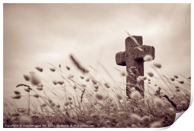 Stone cross on Glenan islands, Brittany, France Print by Delphimages Art